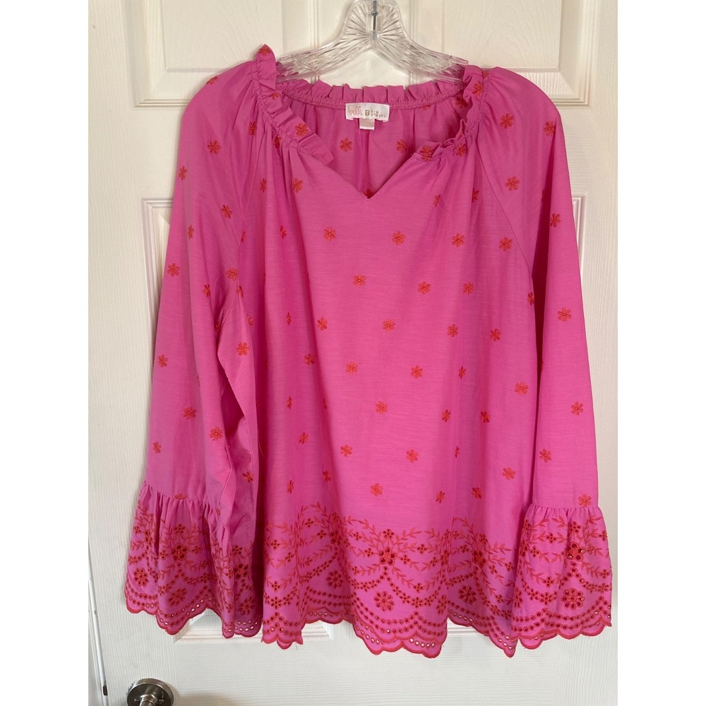 Belle by‎ Kim Gravel Daisy Pop Embroidered Blouse Preppy Pink Large - Picture 3 of 7